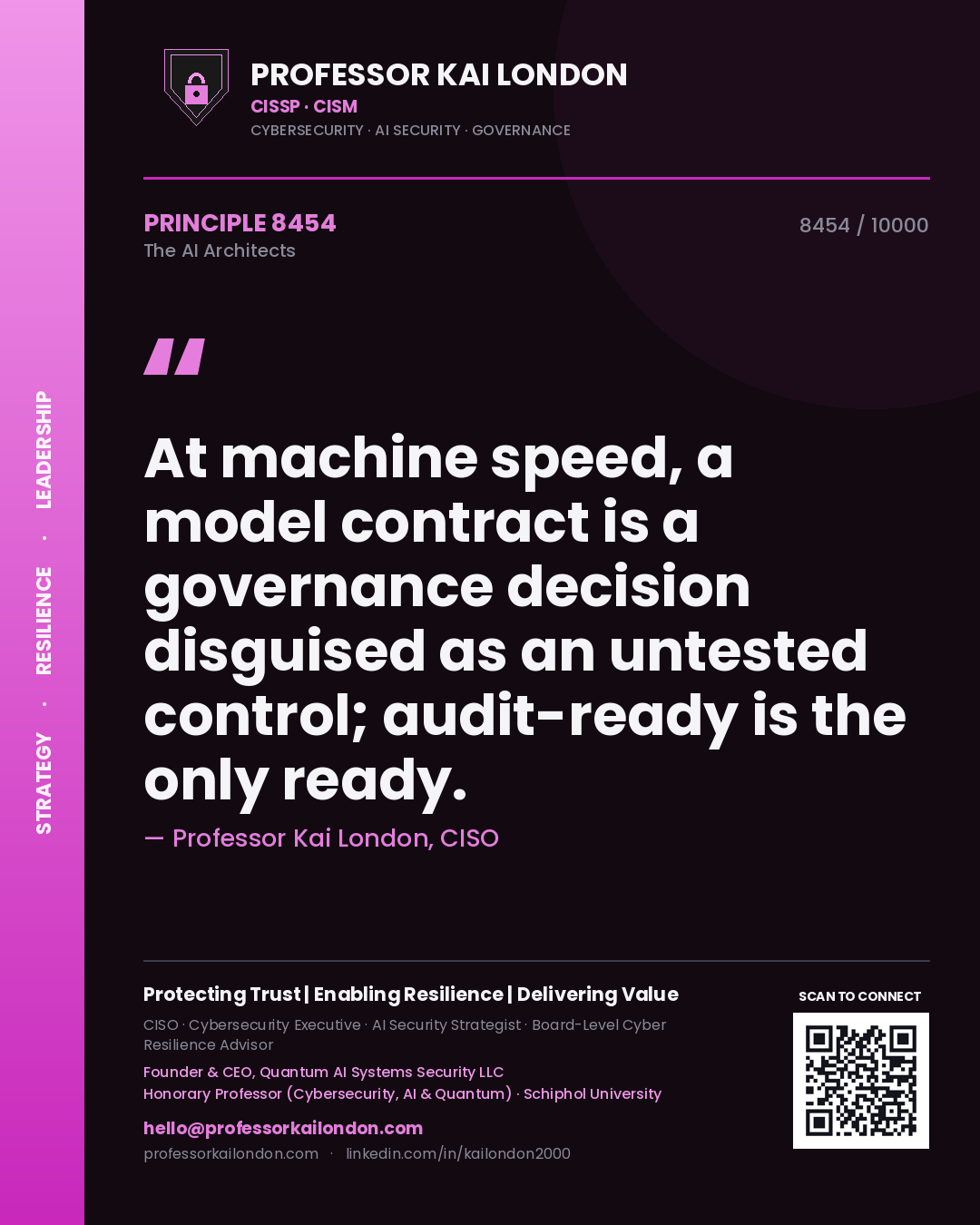 Quote card by Professor Kai London reading 'At machine speed, a model contract is a governance decision disguised as an untested control; audit-ready is the only ready.'. From the book The AI Architects.