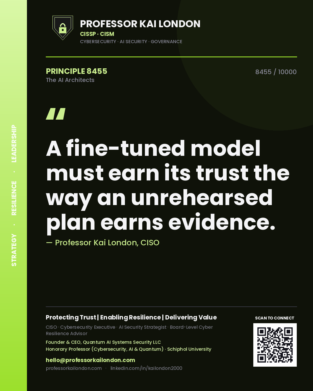 Quote card by Professor Kai London reading 'A fine-tuned model must earn its trust the way an unrehearsed plan earns evidence.'. From the book The AI Architects.