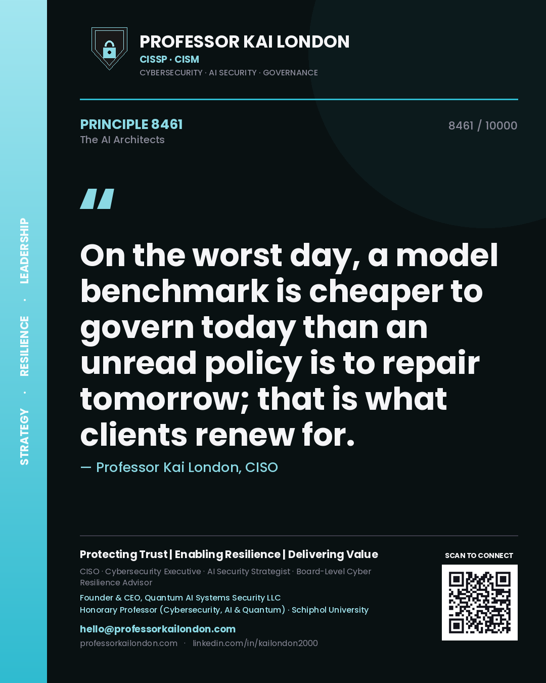 Quote card by Professor Kai London reading 'On the worst day, a model benchmark is cheaper to govern today than an unread policy is to repair tomorrow; that is what clients renew for.'. From the book The AI Architects.
