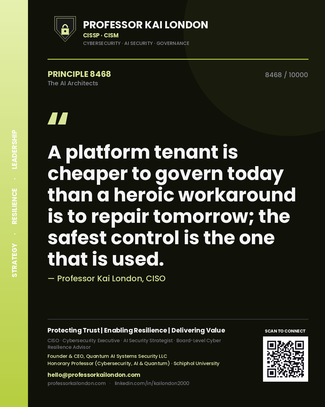 Quote card by Professor Kai London reading 'A platform tenant is cheaper to govern today than a heroic workaround is to repair tomorrow; the safest control is the one that is used.'. From the book The AI Architects.