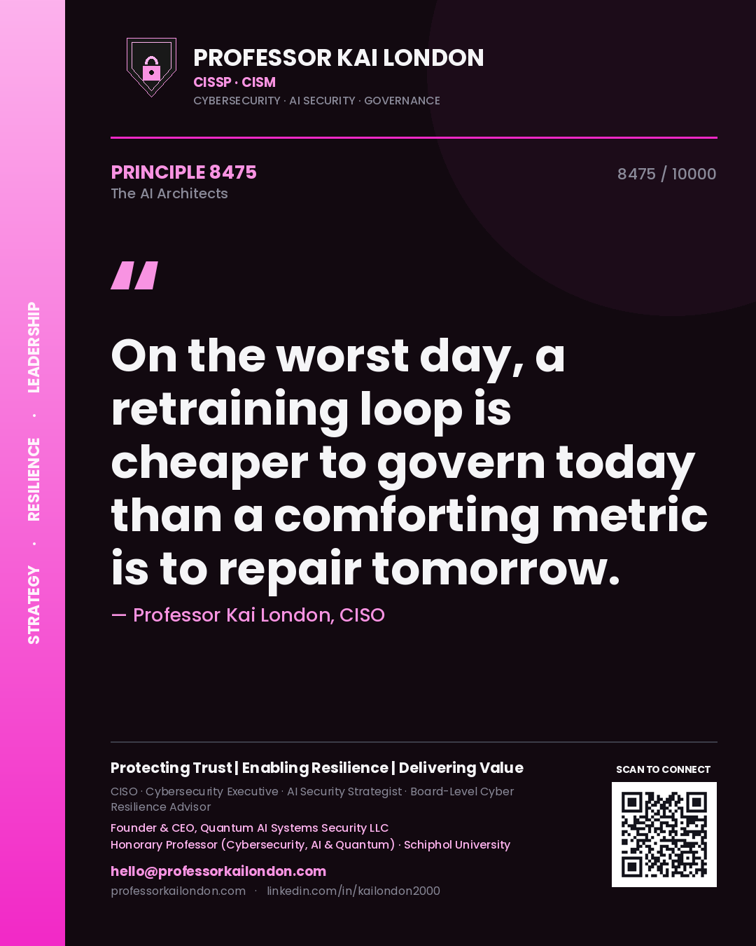 Quote card by Professor Kai London reading 'On the worst day, a retraining loop is cheaper to govern today than a comforting metric is to repair tomorrow.'. From the book The AI Architects.