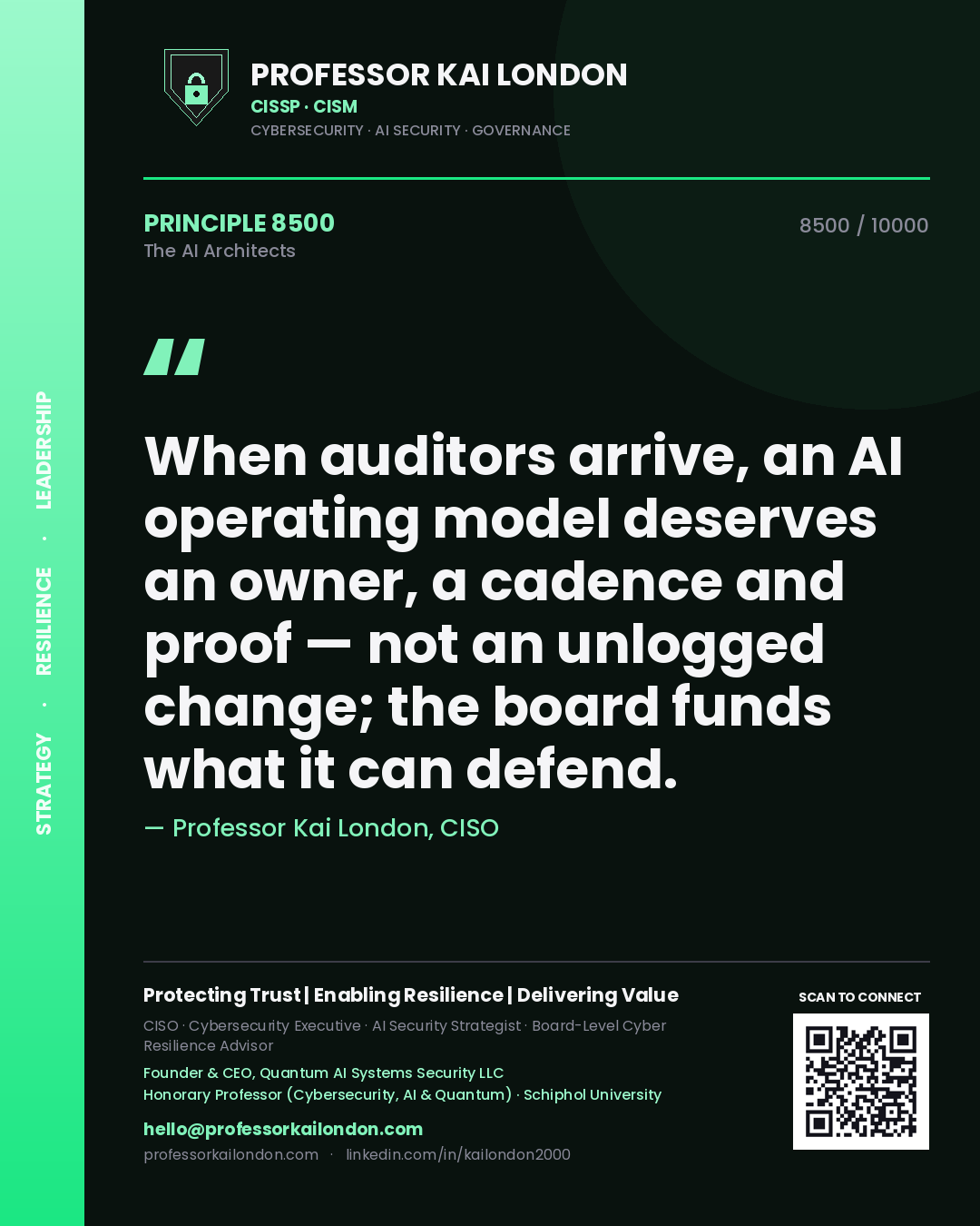 Professor Kai London principle 8500: When auditors arrive, an AI operating model deserves an owner, a cadence and proof — not an unlogged change; the board funds what it can defend.