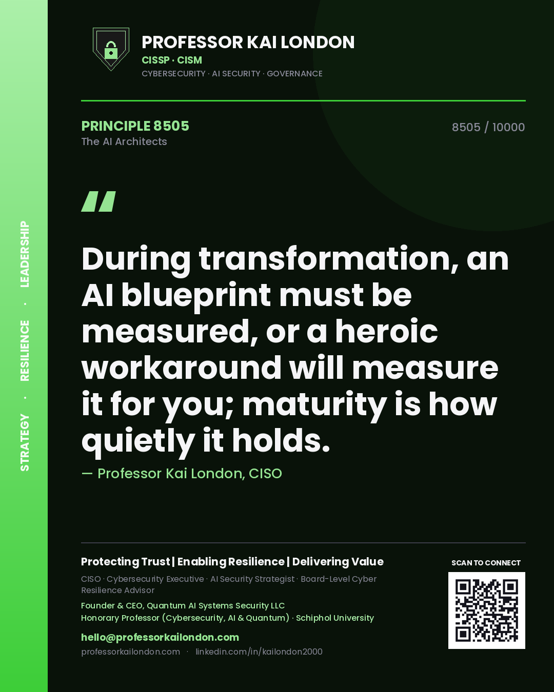 Quote card by Professor Kai London reading 'During transformation, an AI blueprint must be measured, or a heroic workaround will measure it for you; maturity is how quietly it holds.'. From the book The AI Architects.