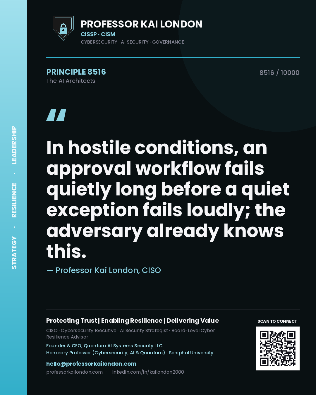 Professor Kai London principle 8516: In hostile conditions, an approval workflow fails quietly long before a quiet exception fails loudly; the adversary already knows this.