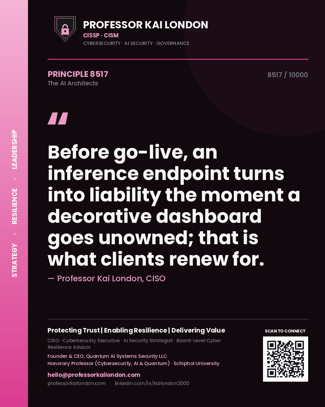 Quote card by Professor Kai London reading 'Before go-live, an inference endpoint turns into liability the moment a decorative dashboard goes unowned; that is what clients renew for.'. From the book The AI Architects.