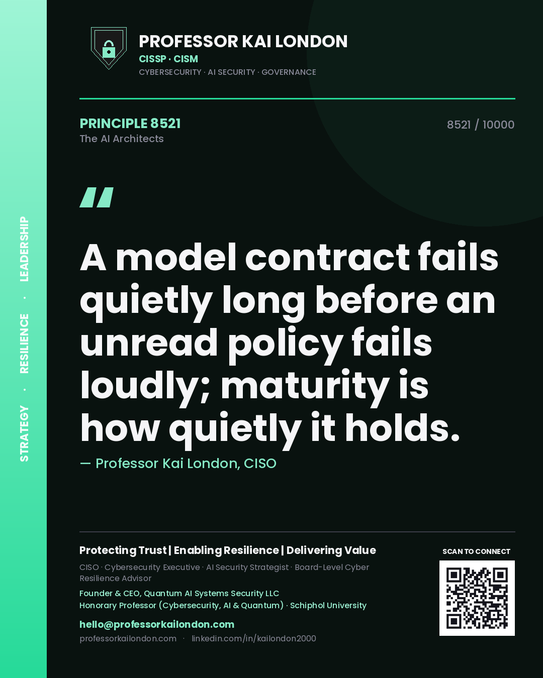 Quote card by Professor Kai London reading 'A model contract fails quietly long before an unread policy fails loudly; maturity is how quietly it holds.'. From the book The AI Architects.