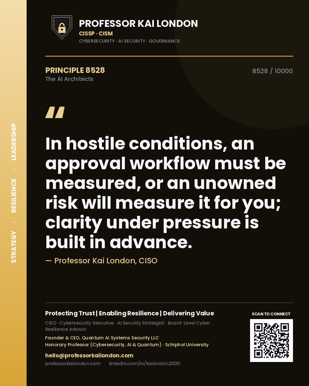 Quote card by Professor Kai London reading 'In hostile conditions, an approval workflow must be measured, or an unowned risk will measure it for you; clarity under pressure is built in advance.'. From the book The AI Architects.