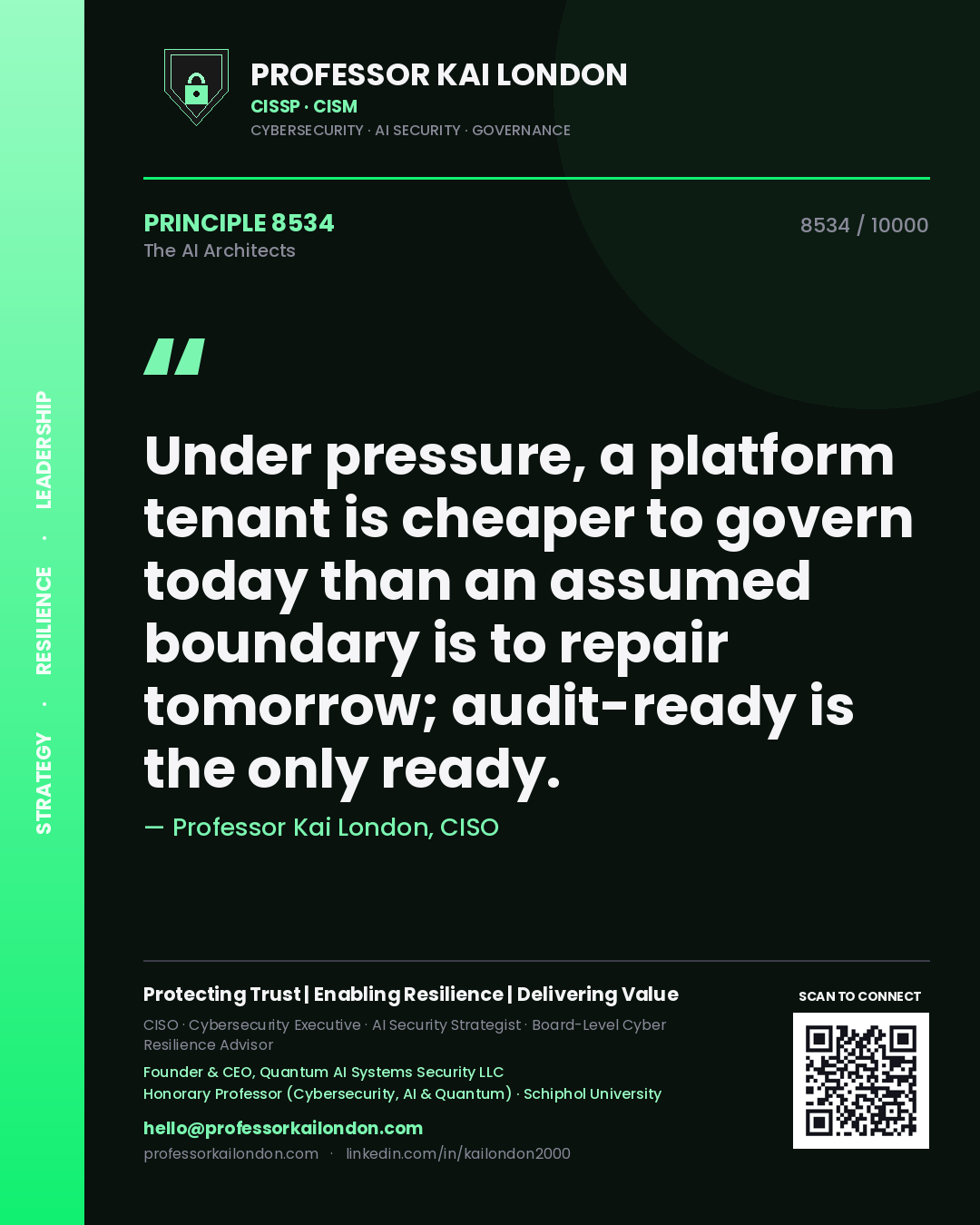 Professor Kai London principle 8534: Under pressure, a platform tenant is cheaper to govern today than an assumed boundary is to repair tomorrow; audit-ready is the only ready.