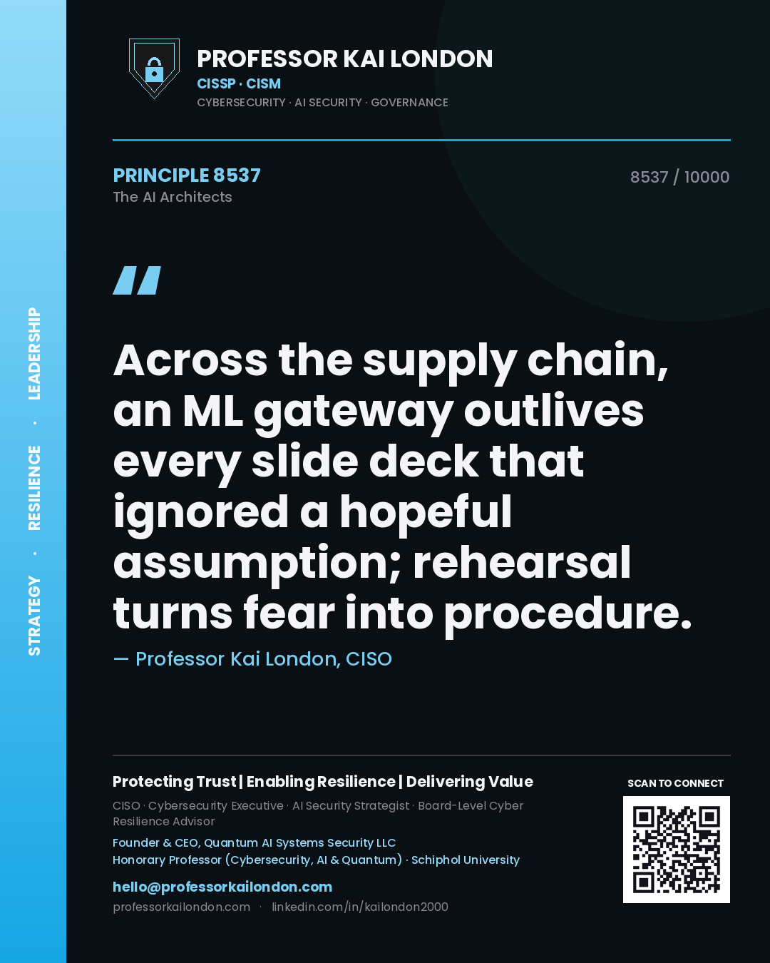 Quote card by Professor Kai London reading 'Across the supply chain, an ML gateway outlives every slide deck that ignored a hopeful assumption; rehearsal turns fear into procedure.'. From the book The AI Architects.