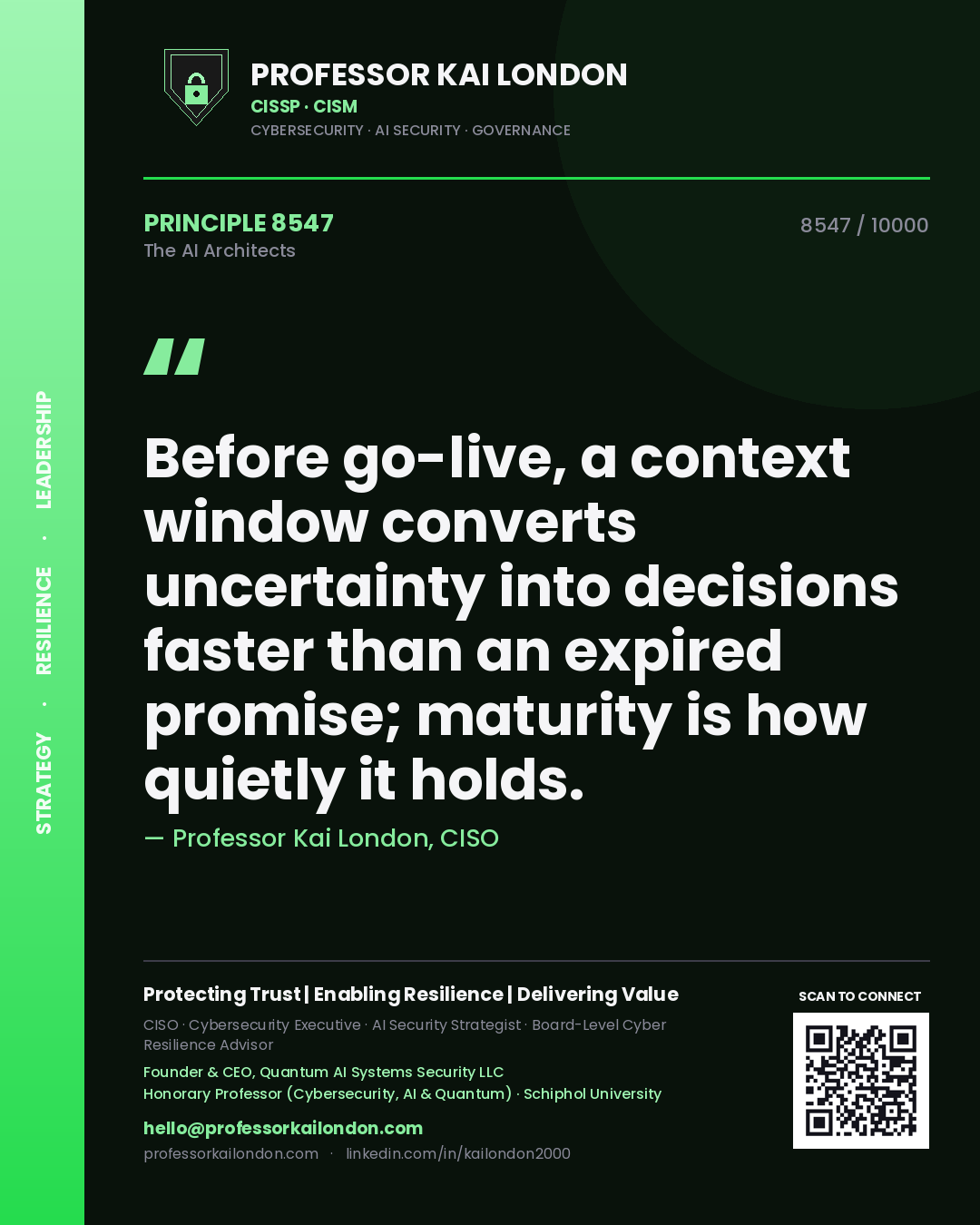 Quote card by Professor Kai London reading 'Before go-live, a context window converts uncertainty into decisions faster than an expired promise; maturity is how quietly it holds.'. From the book The AI Architects.