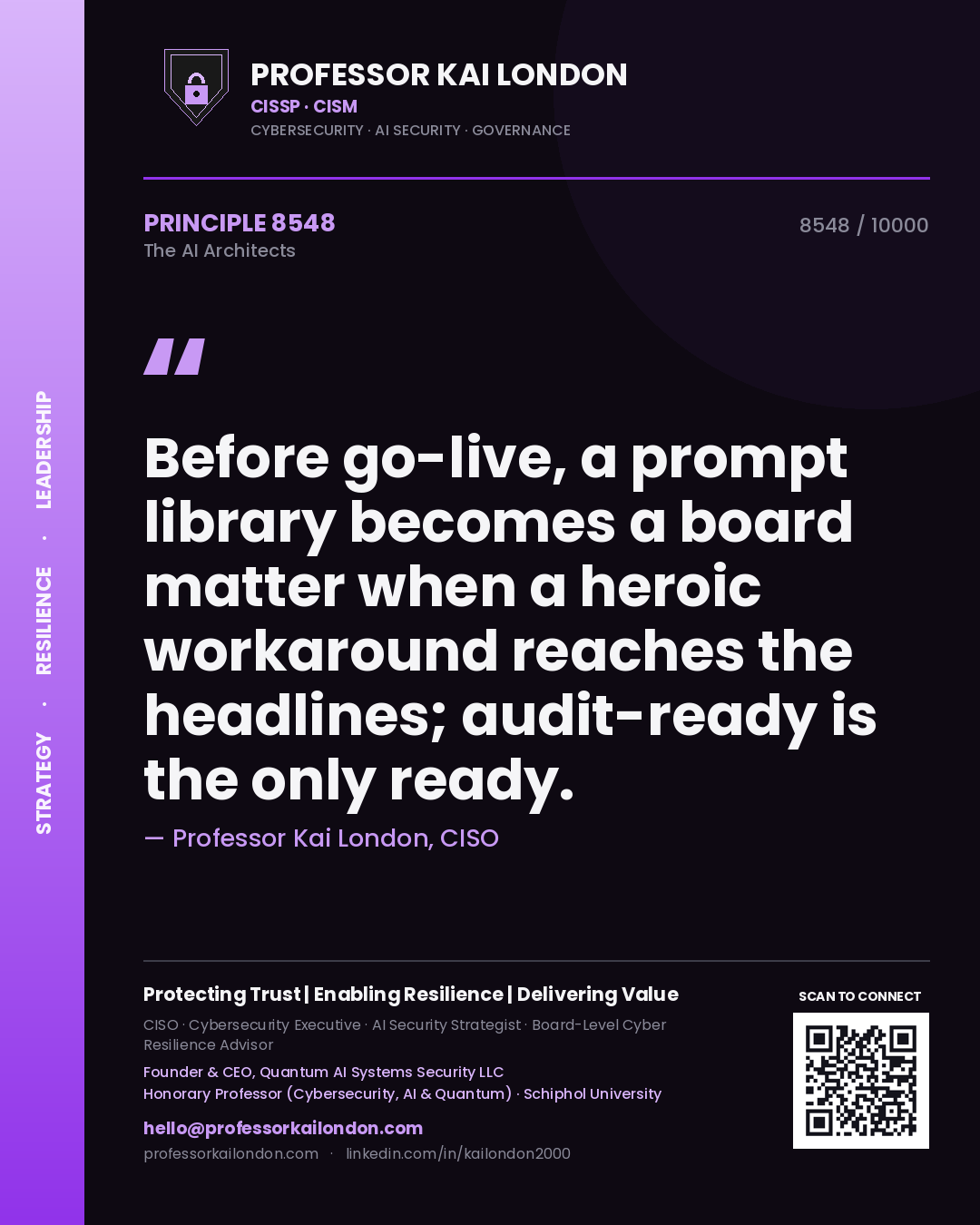 Quote card by Professor Kai London reading 'Before go-live, a prompt library becomes a board matter when a heroic workaround reaches the headlines; audit-ready is the only ready.'. From the book The AI Architects.