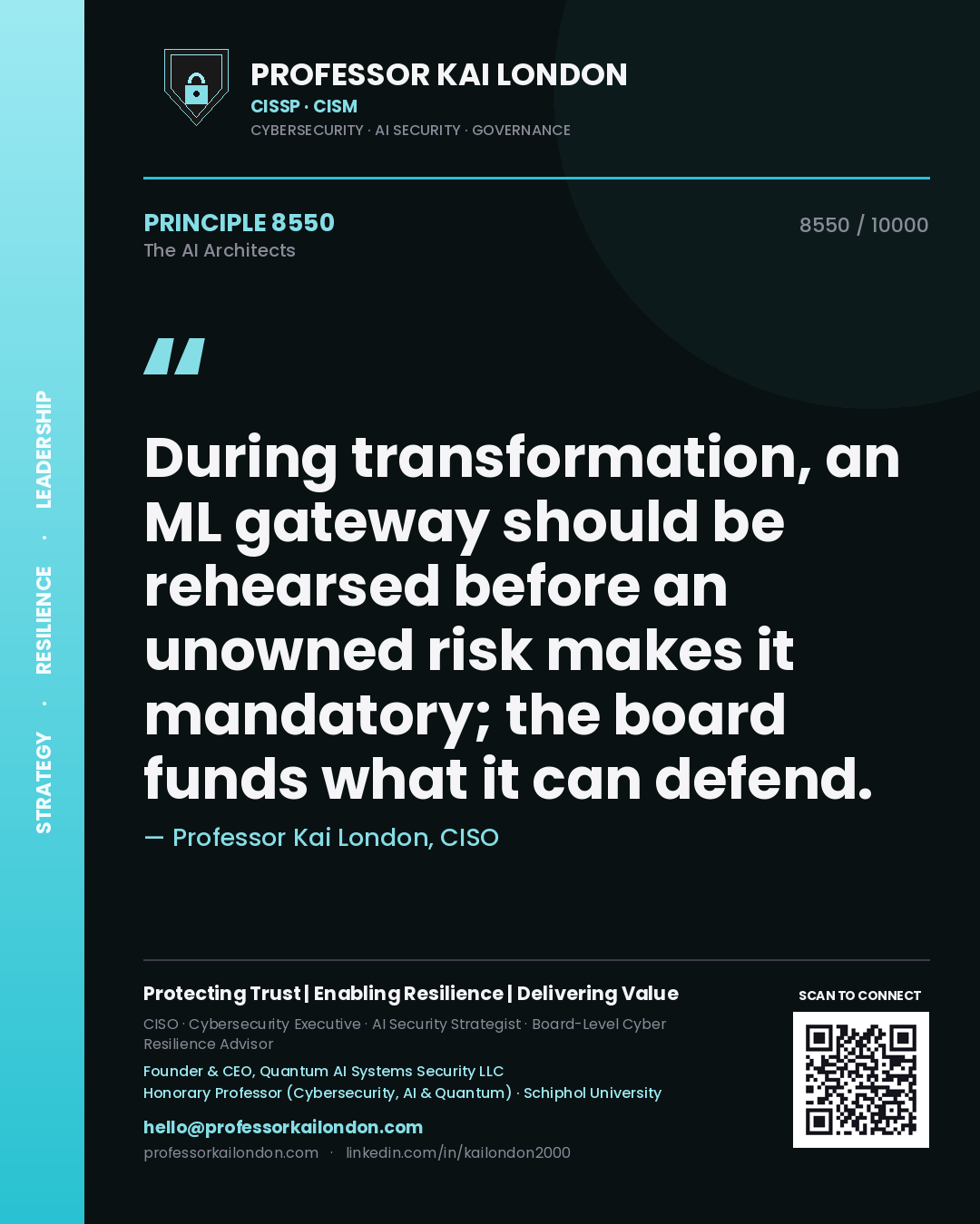 Quote card by Professor Kai London reading 'During transformation, an ML gateway should be rehearsed before an unowned risk makes it mandatory; the board funds what it can defend.'. From the book The AI Architects.