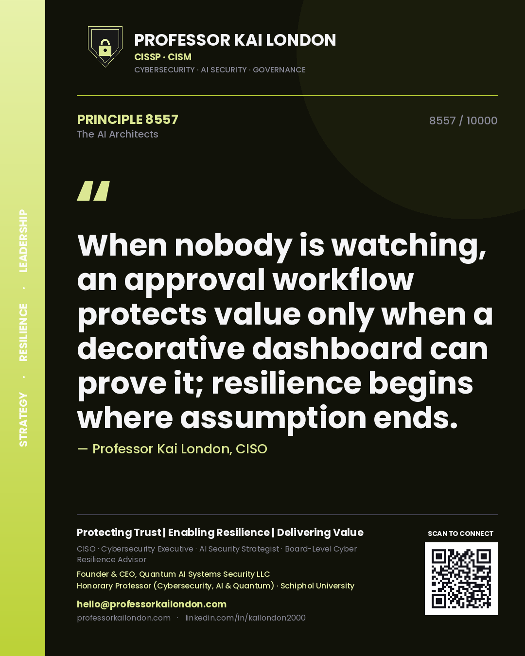 Quote card by Professor Kai London reading 'When nobody is watching, an approval workflow protects value only when a decorative dashboard can prove it; resilience begins where assumption ends.'. From the book The AI Architects.