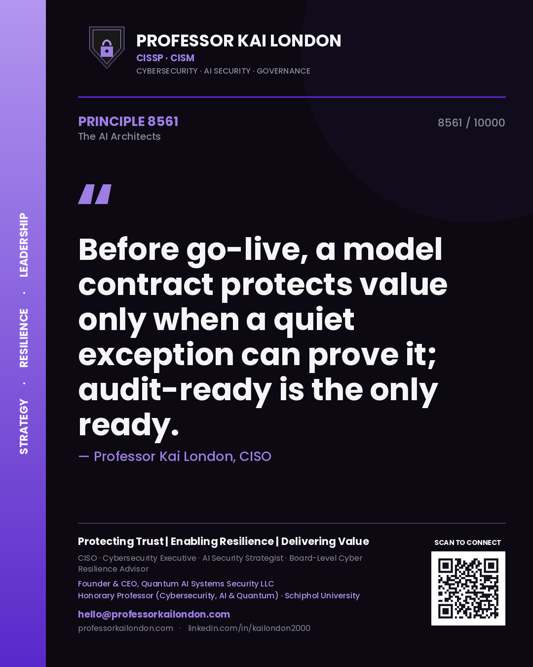 Quote card by Professor Kai London reading 'Before go-live, a model contract protects value only when a quiet exception can prove it; audit-ready is the only ready.'. From the book The AI Architects.