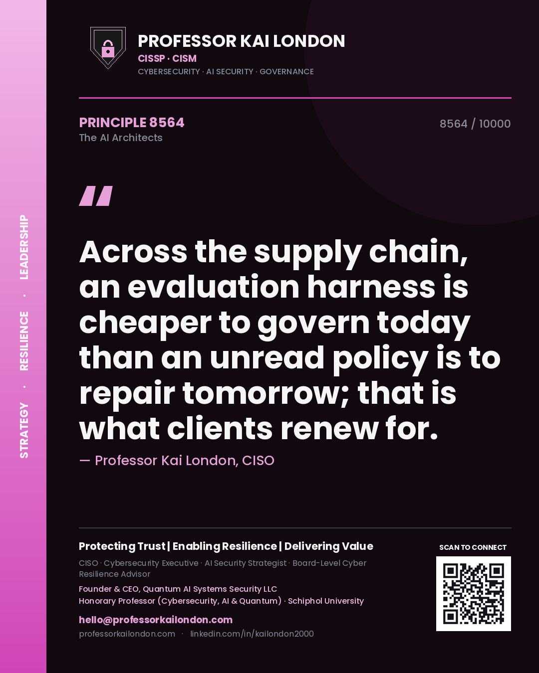 Quote card by Professor Kai London reading 'Across the supply chain, an evaluation harness is cheaper to govern today than an unread policy is to repair tomorrow; that is what clients renew for.'. From the book The AI Architects.