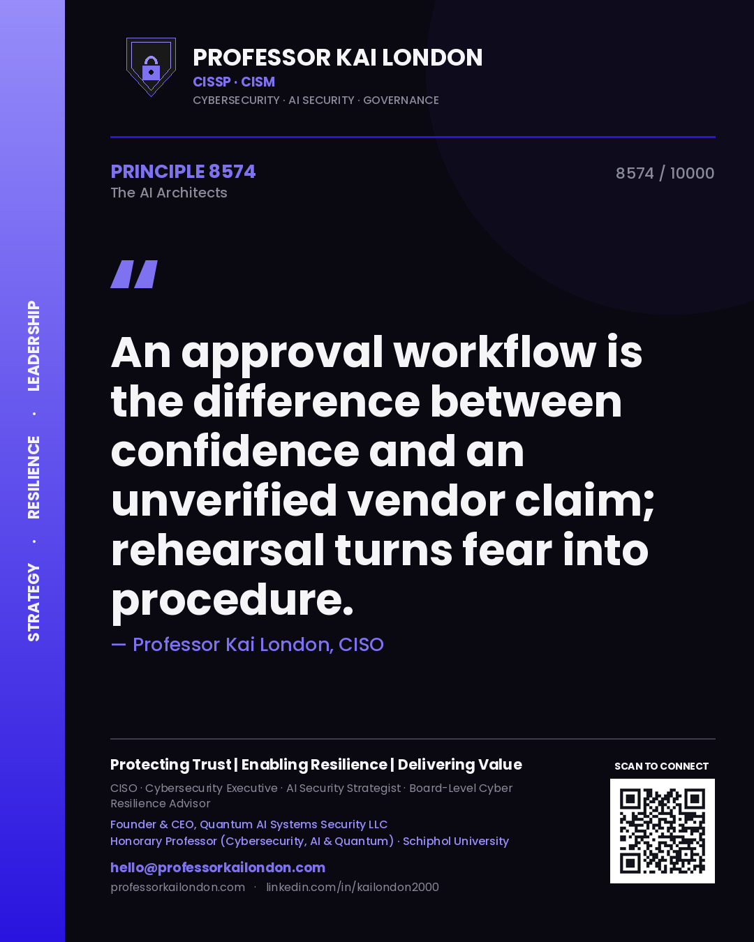 Quote card by Professor Kai London reading 'An approval workflow is the difference between confidence and an unverified vendor claim; rehearsal turns fear into procedure.'. From the book The AI Architects.