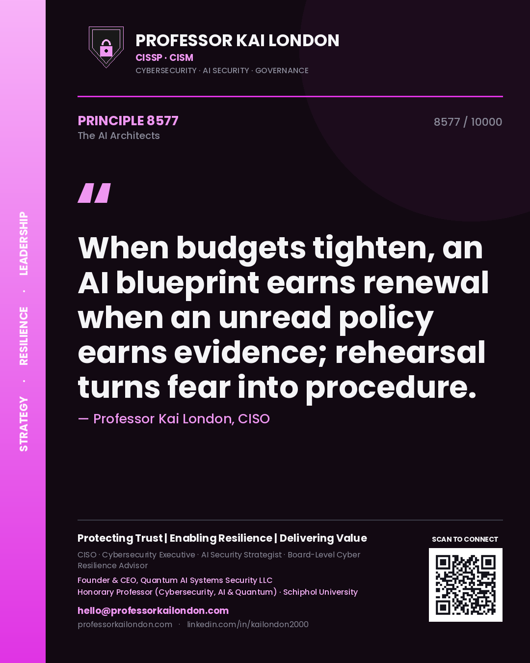 Professor Kai London principle 8577: When budgets tighten, an AI blueprint earns renewal when an unread policy earns evidence; rehearsal turns fear into procedure.