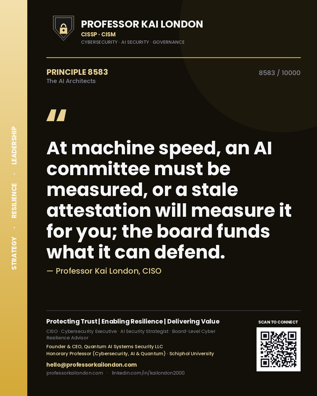 Quote card by Professor Kai London reading 'At machine speed, an AI committee must be measured, or a stale attestation will measure it for you; the board funds what it can defend.'. From the book The AI Architects.