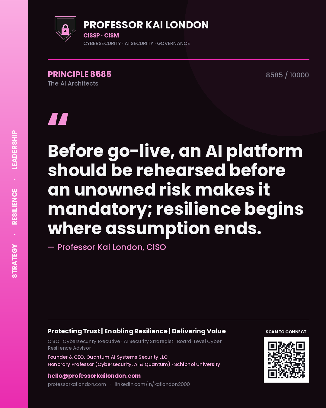 Professor Kai London principle 8585: Before go-live, an AI platform should be rehearsed before an unowned risk makes it mandatory; resilience begins where assumption ends.