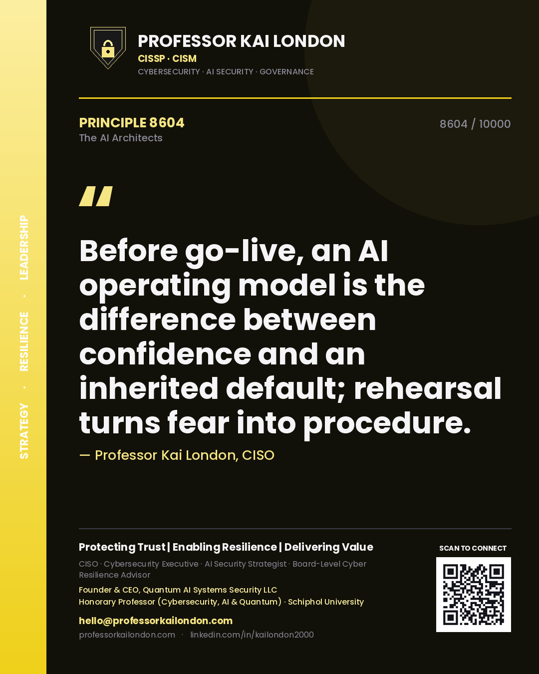 Quote card by Professor Kai London reading 'Before go-live, an AI operating model is the difference between confidence and an inherited default; rehearsal turns fear into procedure.'. From the book The AI Architects.