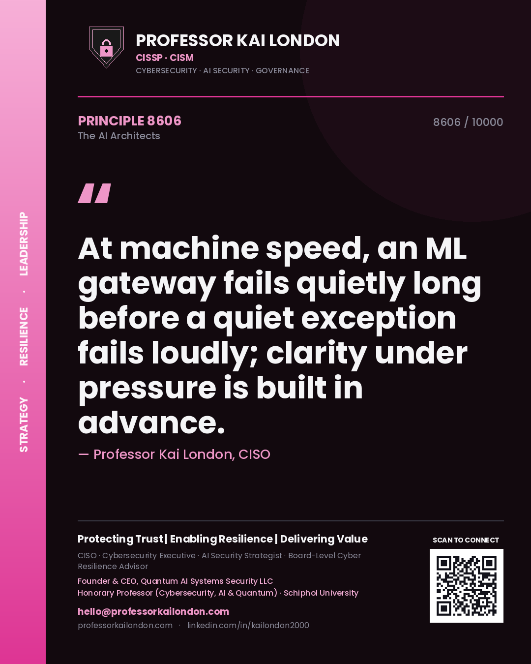 Professor Kai London principle 8606: At machine speed, an ML gateway fails quietly long before a quiet exception fails loudly; clarity under pressure is built in advance.