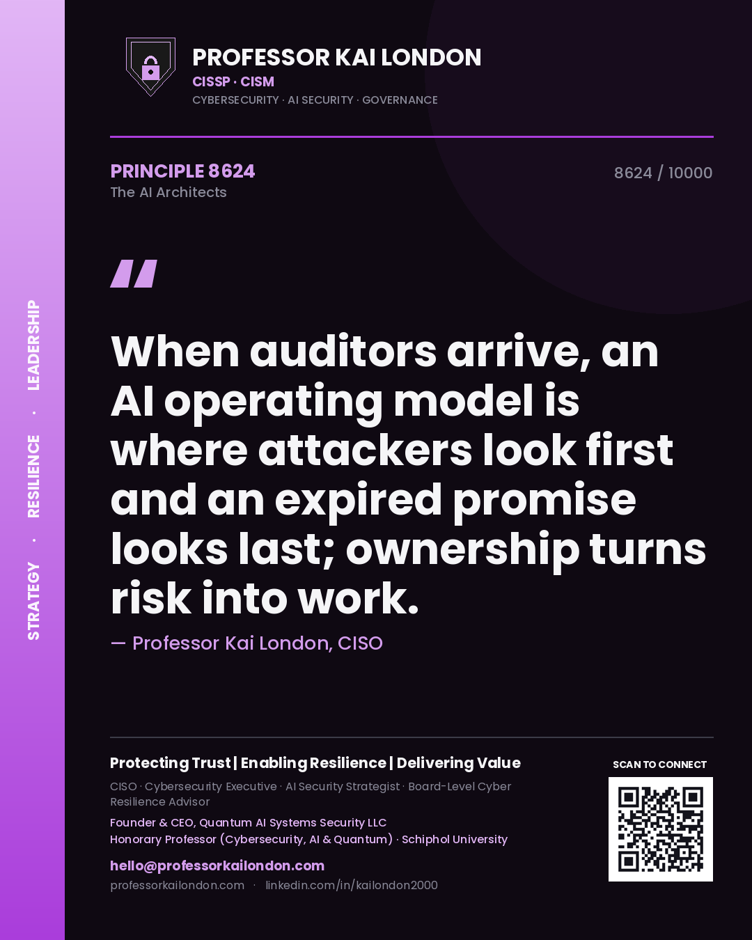 Quote card by Professor Kai London reading 'When auditors arrive, an AI operating model is where attackers look first and an expired promise looks last; ownership turns risk into work.'. From the book The AI Architects.