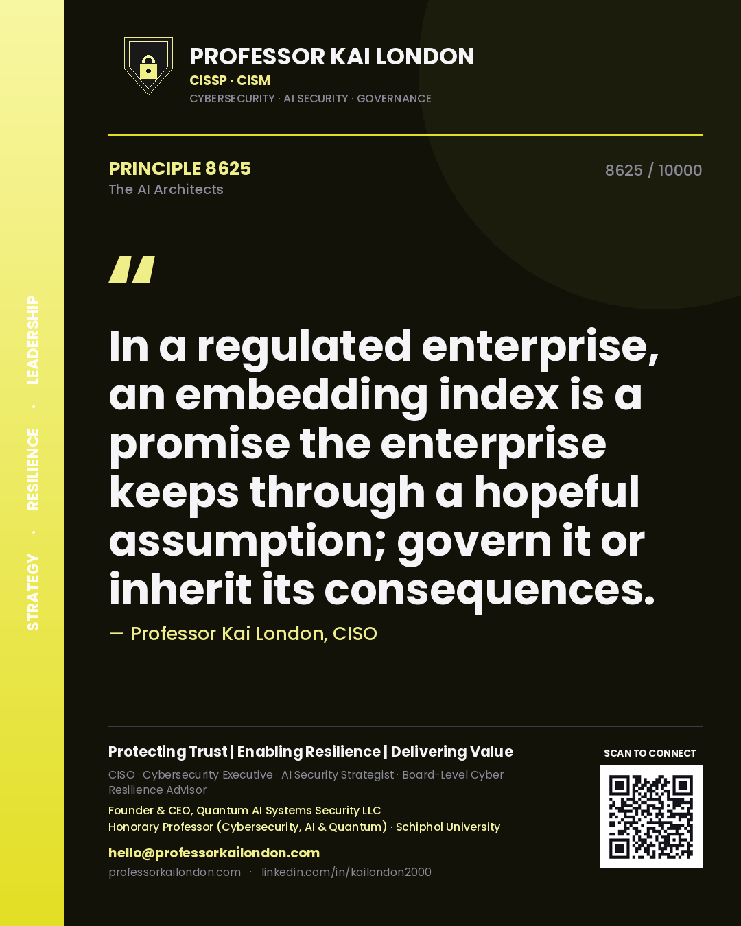 Professor Kai London principle 8625: In a regulated enterprise, an embedding index is a promise the enterprise keeps through a hopeful assumption; govern it or inherit its consequences.