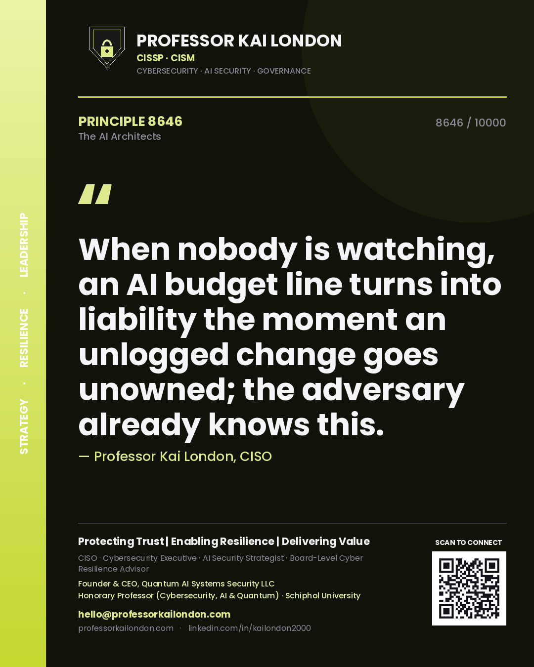 Quote card by Professor Kai London reading 'When nobody is watching, an AI budget line turns into liability the moment an unlogged change goes unowned; the adversary already knows this.'. From the book The AI Architects.
