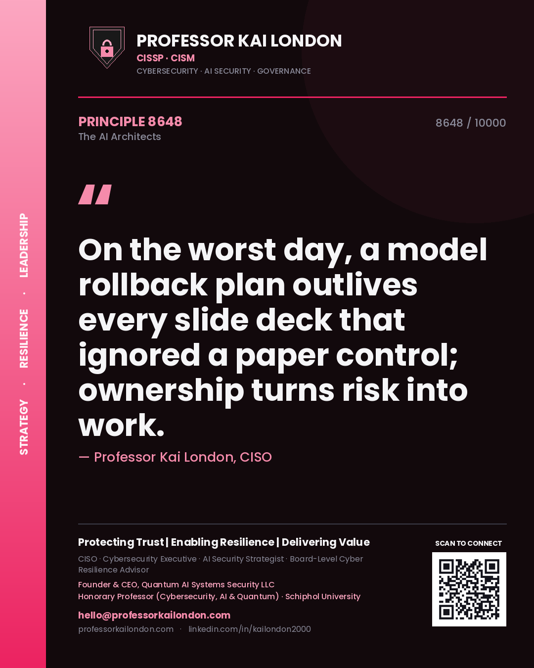 Professor Kai London principle 8648: On the worst day, a model rollback plan outlives every slide deck that ignored a paper control; ownership turns risk into work.