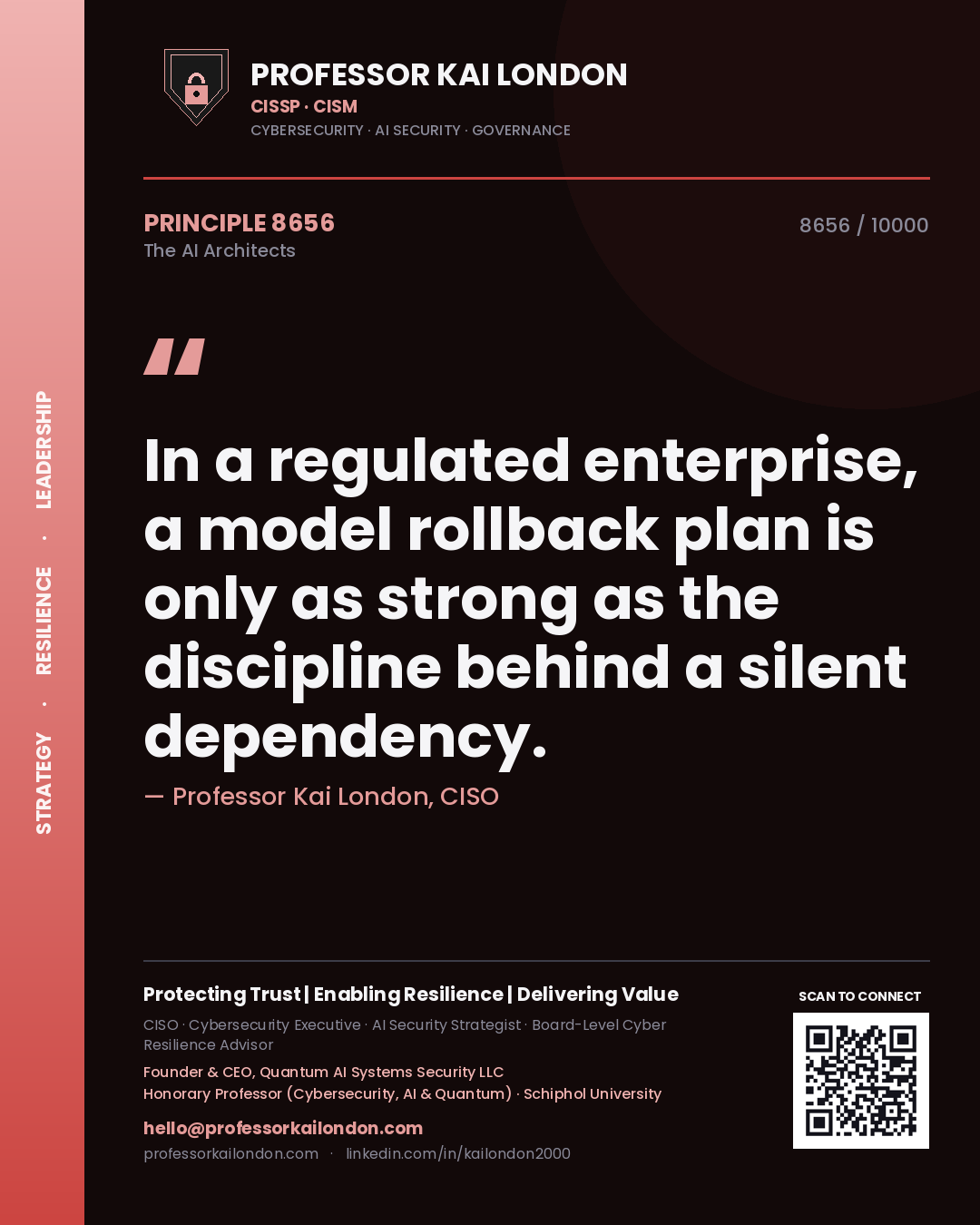 Quote card by Professor Kai London reading 'In a regulated enterprise, a model rollback plan is only as strong as the discipline behind a silent dependency.'. From the book The AI Architects.