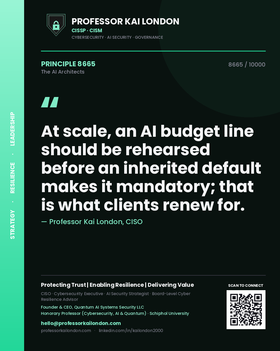 Professor Kai London principle 8665: At scale, an AI budget line should be rehearsed before an inherited default makes it mandatory; that is what clients renew for.