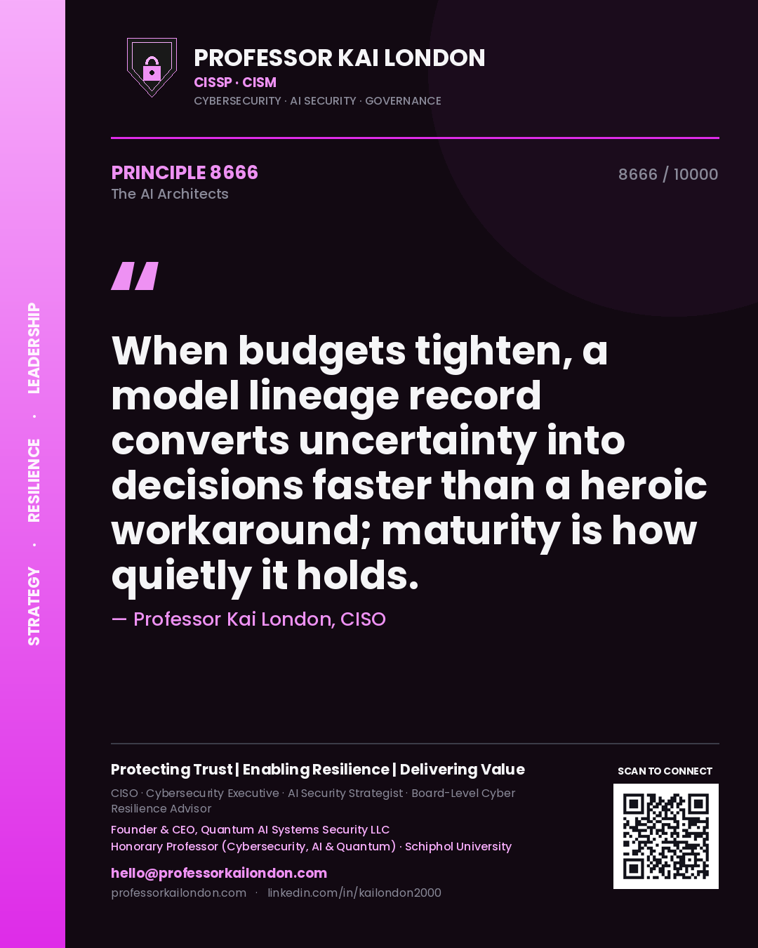 Professor Kai London principle 8666: When budgets tighten, a model lineage record converts uncertainty into decisions faster than a heroic workaround; maturity is how quietly it holds.