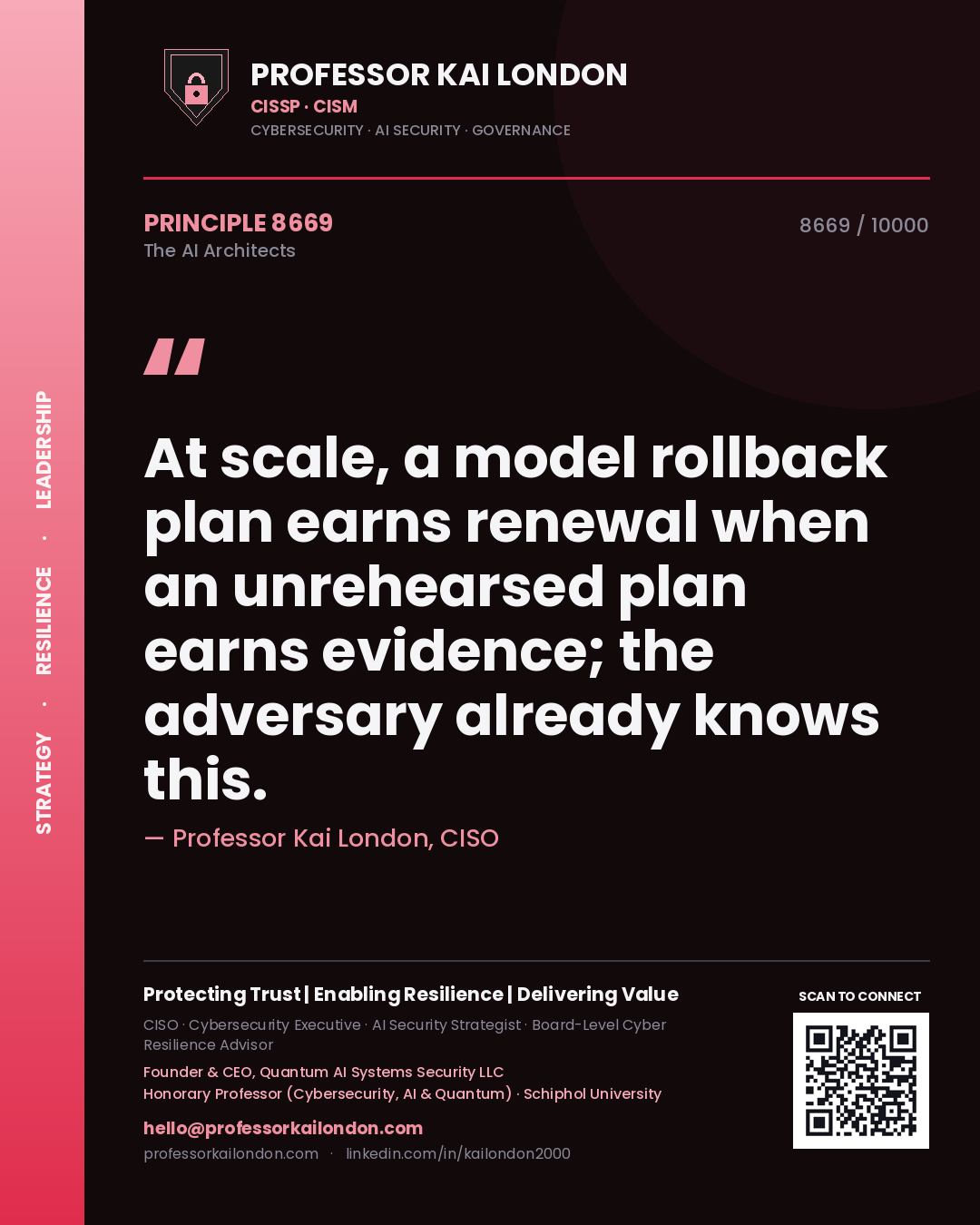 Quote card by Professor Kai London reading 'At scale, a model rollback plan earns renewal when an unrehearsed plan earns evidence; the adversary already knows this.'. From the book The AI Architects.
