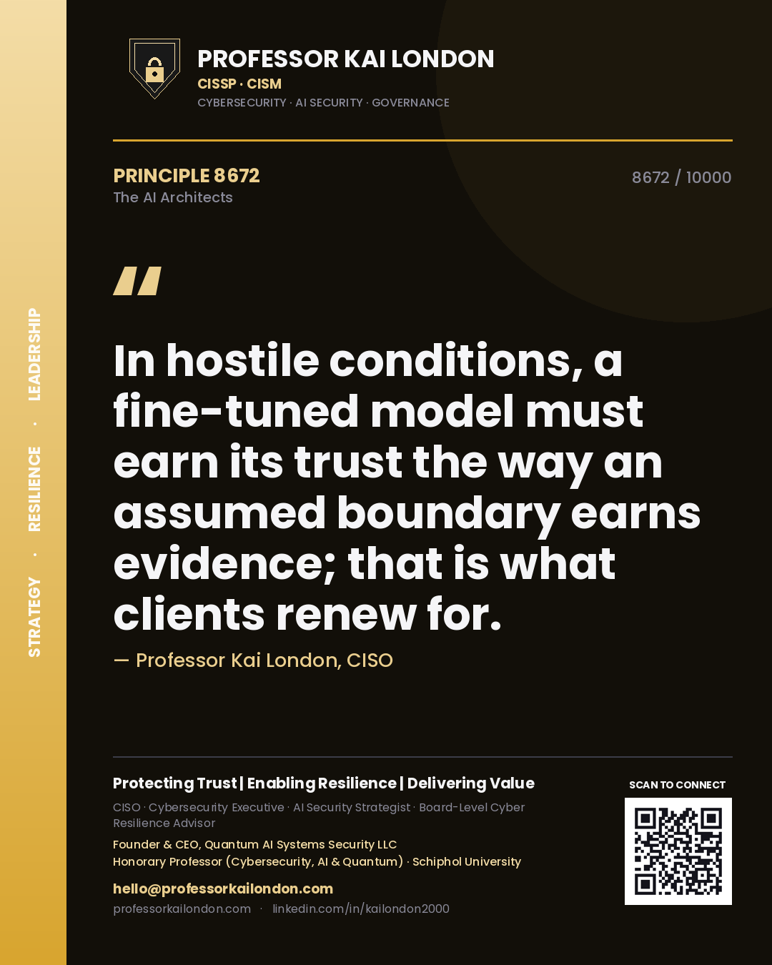 Quote card by Professor Kai London reading 'In hostile conditions, a fine-tuned model must earn its trust the way an assumed boundary earns evidence; that is what clients renew for.'. From the book The AI Architects.