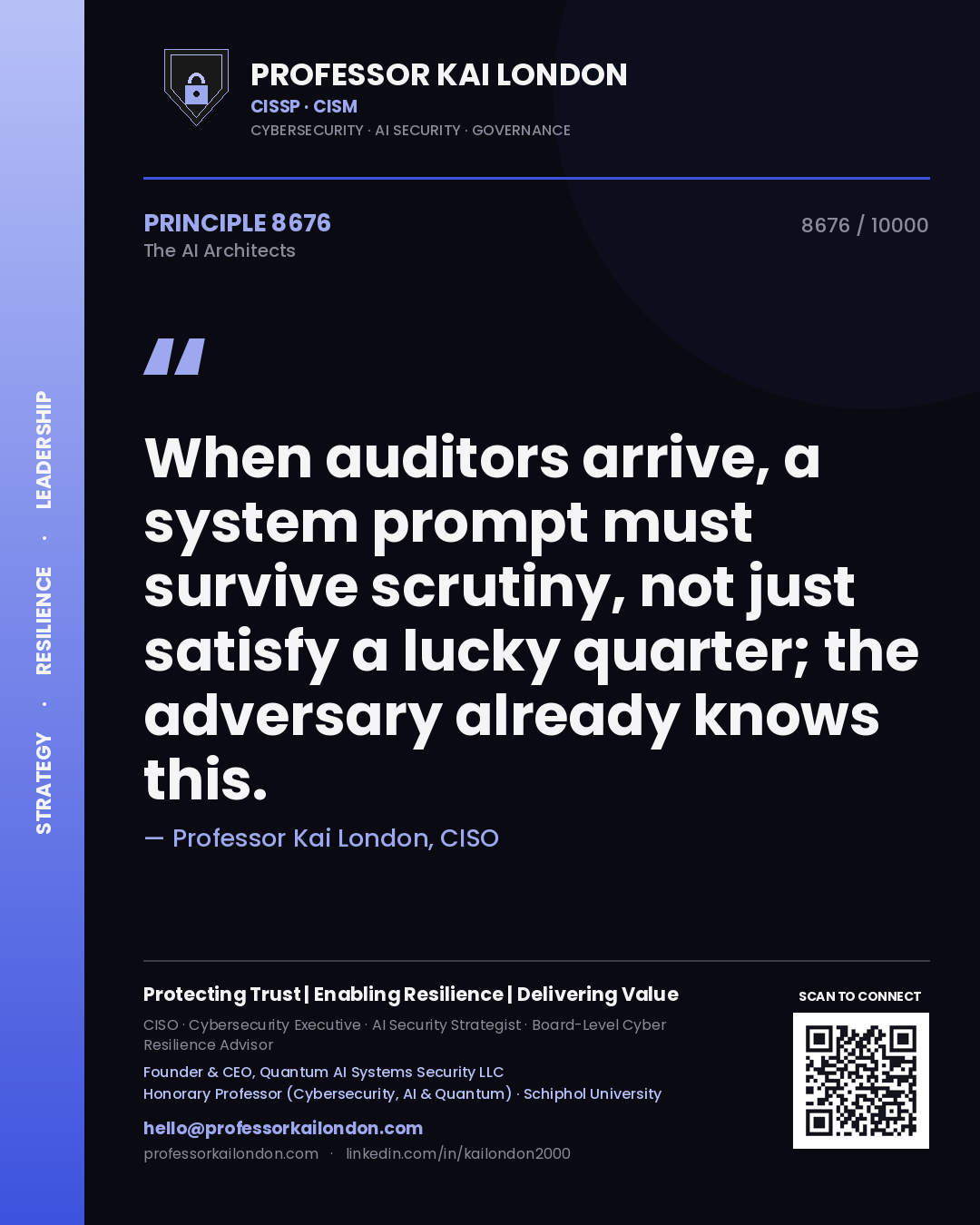 Professor Kai London principle 8676: When auditors arrive, a system prompt must survive scrutiny, not just satisfy a lucky quarter; the adversary already knows this.