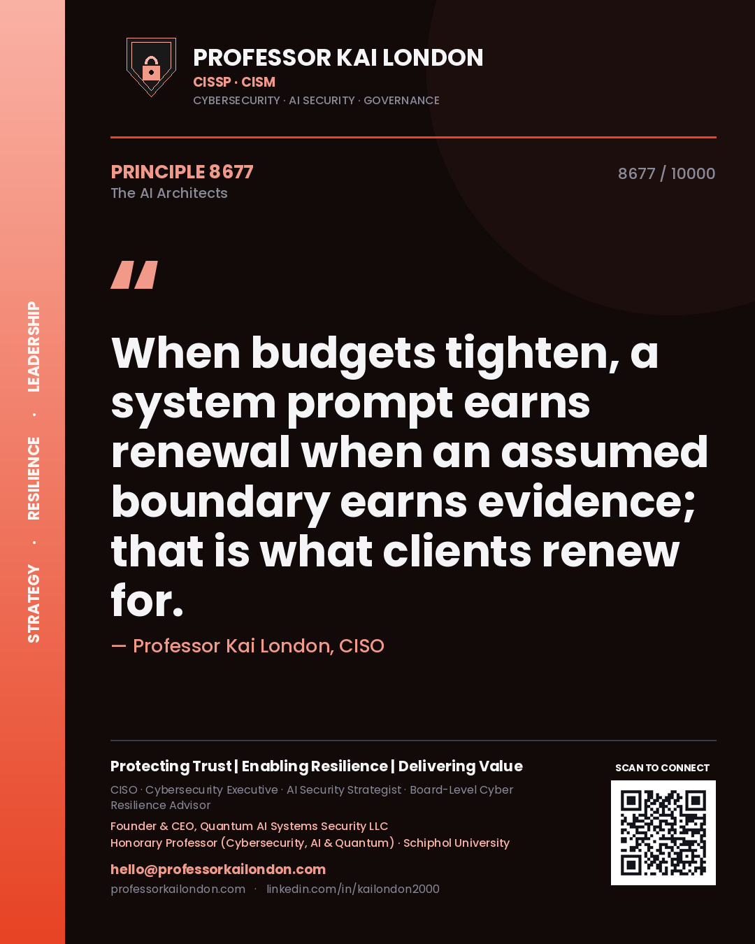 Professor Kai London principle 8677: When budgets tighten, a system prompt earns renewal when an assumed boundary earns evidence; that is what clients renew for.
