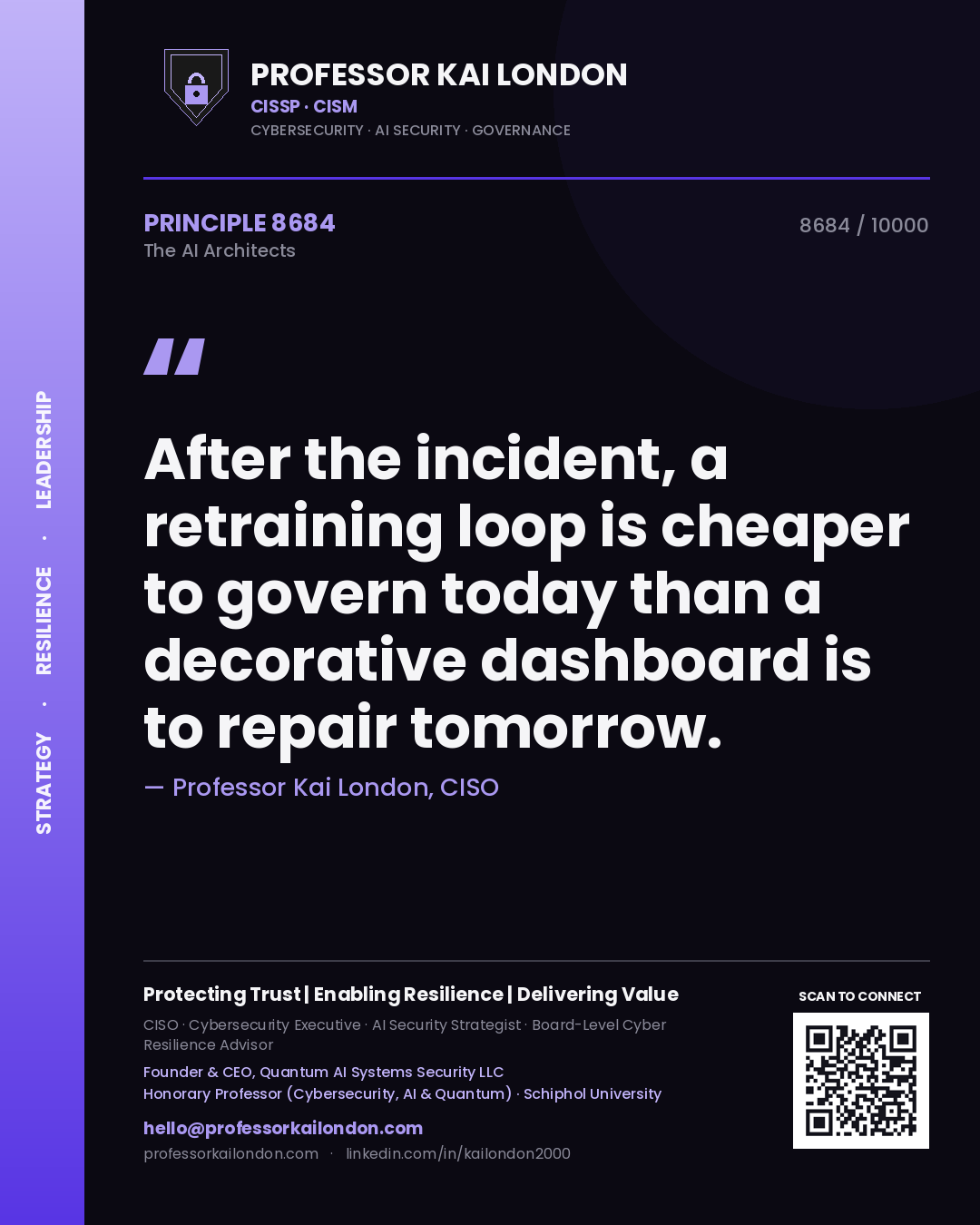 Quote card by Professor Kai London reading 'After the incident, a retraining loop is cheaper to govern today than a decorative dashboard is to repair tomorrow.'. From the book The AI Architects.
