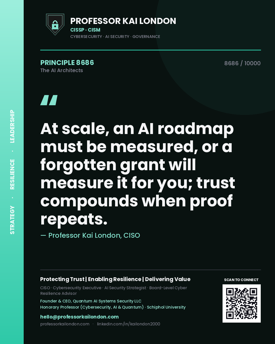 Quote card by Professor Kai London reading 'At scale, an AI roadmap must be measured, or a forgotten grant will measure it for you; trust compounds when proof repeats.'. From the book The AI Architects.