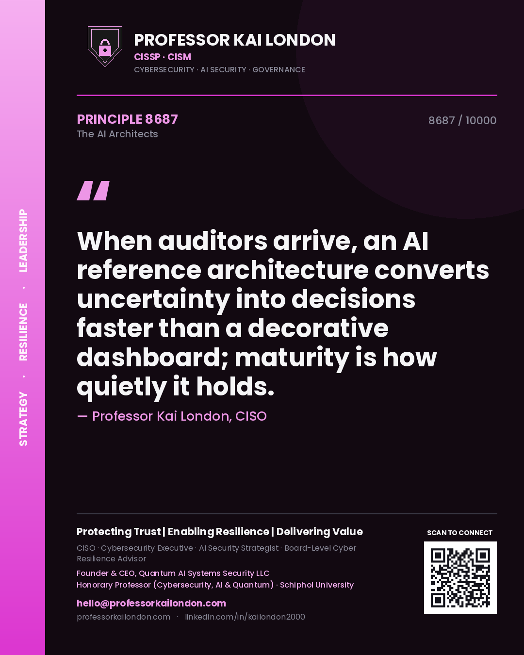 Quote card by Professor Kai London reading 'When auditors arrive, an AI reference architecture converts uncertainty into decisions faster than a decorative dashboard; maturity is how quietly it holds.'. From the book The AI Architects.