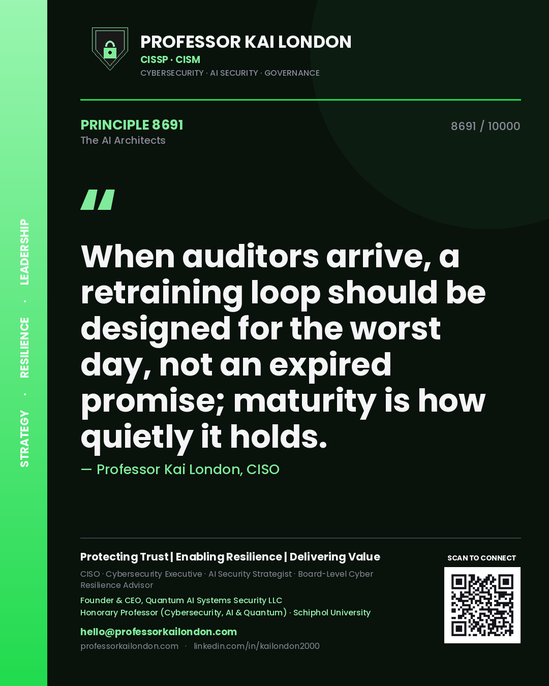 Professor Kai London principle 8691: When auditors arrive, a retraining loop should be designed for the worst day, not an expired promise; maturity is how quietly it holds.