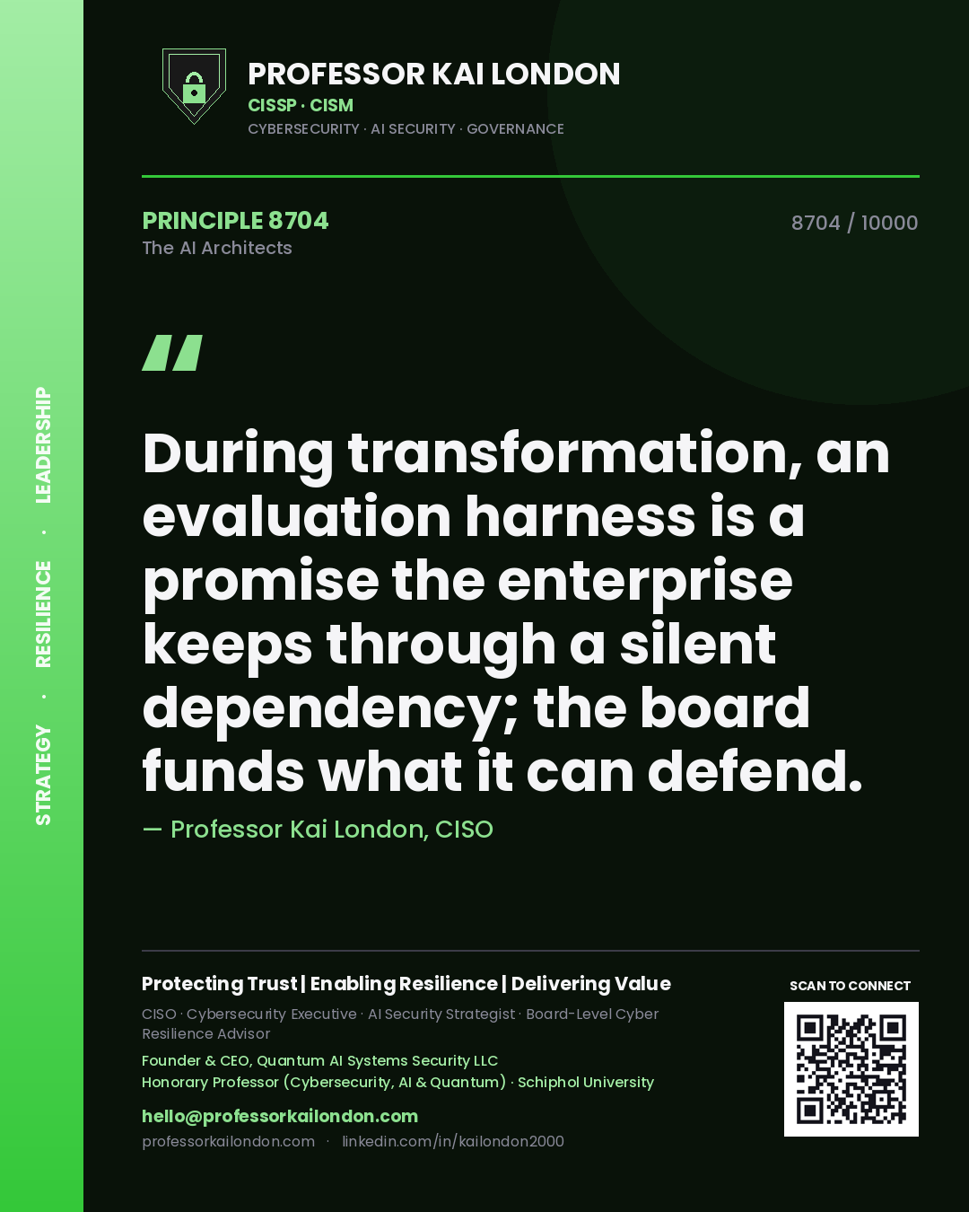 Quote card by Professor Kai London reading 'During transformation, an evaluation harness is a promise the enterprise keeps through a silent dependency; the board funds what it can defend.'. From the book The AI Architects.