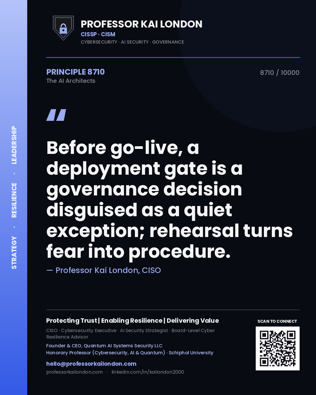 Quote card by Professor Kai London reading 'Before go-live, a deployment gate is a governance decision disguised as a quiet exception; rehearsal turns fear into procedure.'. From the book The AI Architects.