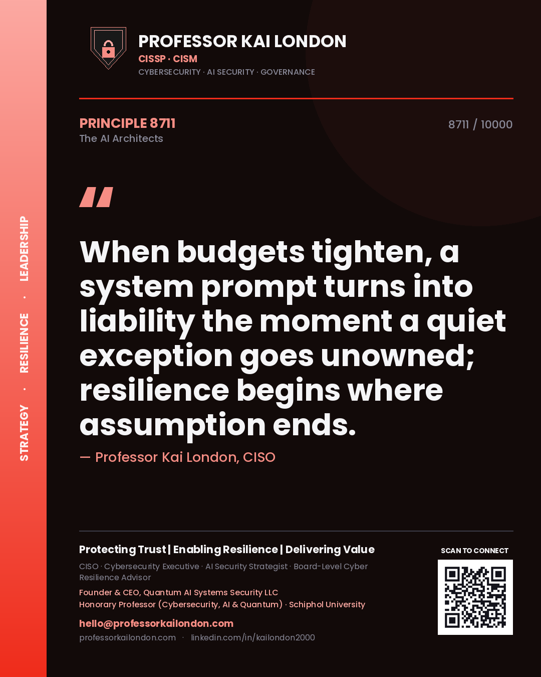 Quote card by Professor Kai London reading 'When budgets tighten, a system prompt turns into liability the moment a quiet exception goes unowned; resilience begins where assumption ends.'. From the book The AI Architects.