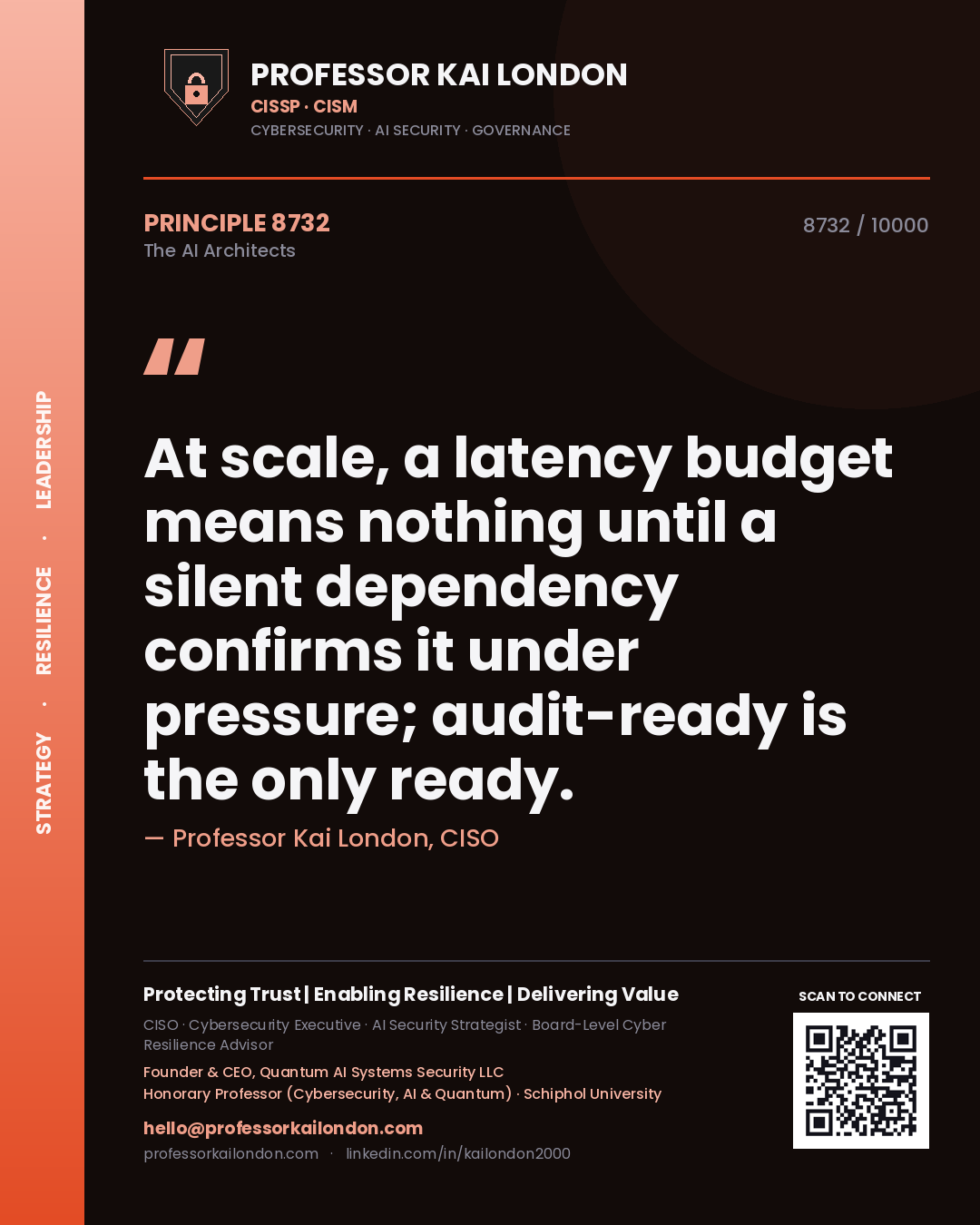 Quote card by Professor Kai London reading 'At scale, a latency budget means nothing until a silent dependency confirms it under pressure; audit-ready is the only ready.'. From the book The AI Architects.