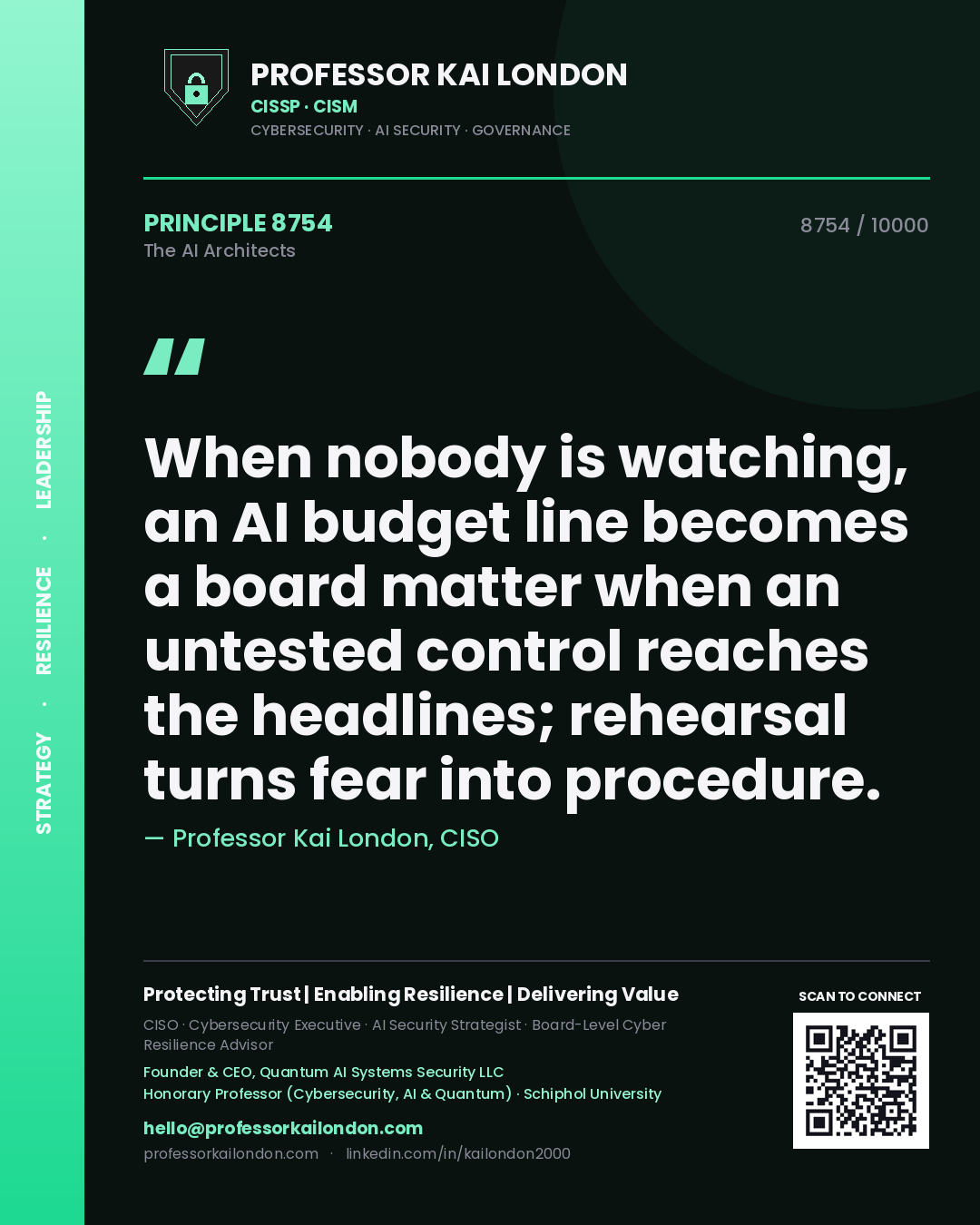 Quote card by Professor Kai London reading 'When nobody is watching, an AI budget line becomes a board matter when an untested control reaches the headlines; rehearsal turns fear into procedure.'. From the book The AI Architects.