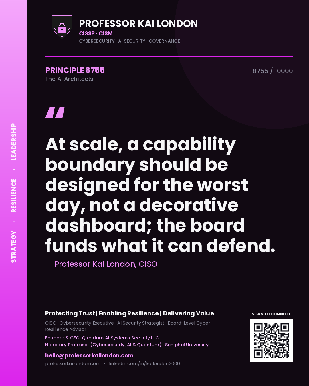 Quote card by Professor Kai London reading 'At scale, a capability boundary should be designed for the worst day, not a decorative dashboard; the board funds what it can defend.'. From the book The AI Architects.