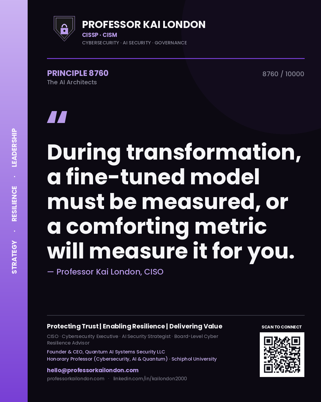 Quote card by Professor Kai London reading 'During transformation, a fine-tuned model must be measured, or a comforting metric will measure it for you.'. From the book The AI Architects.