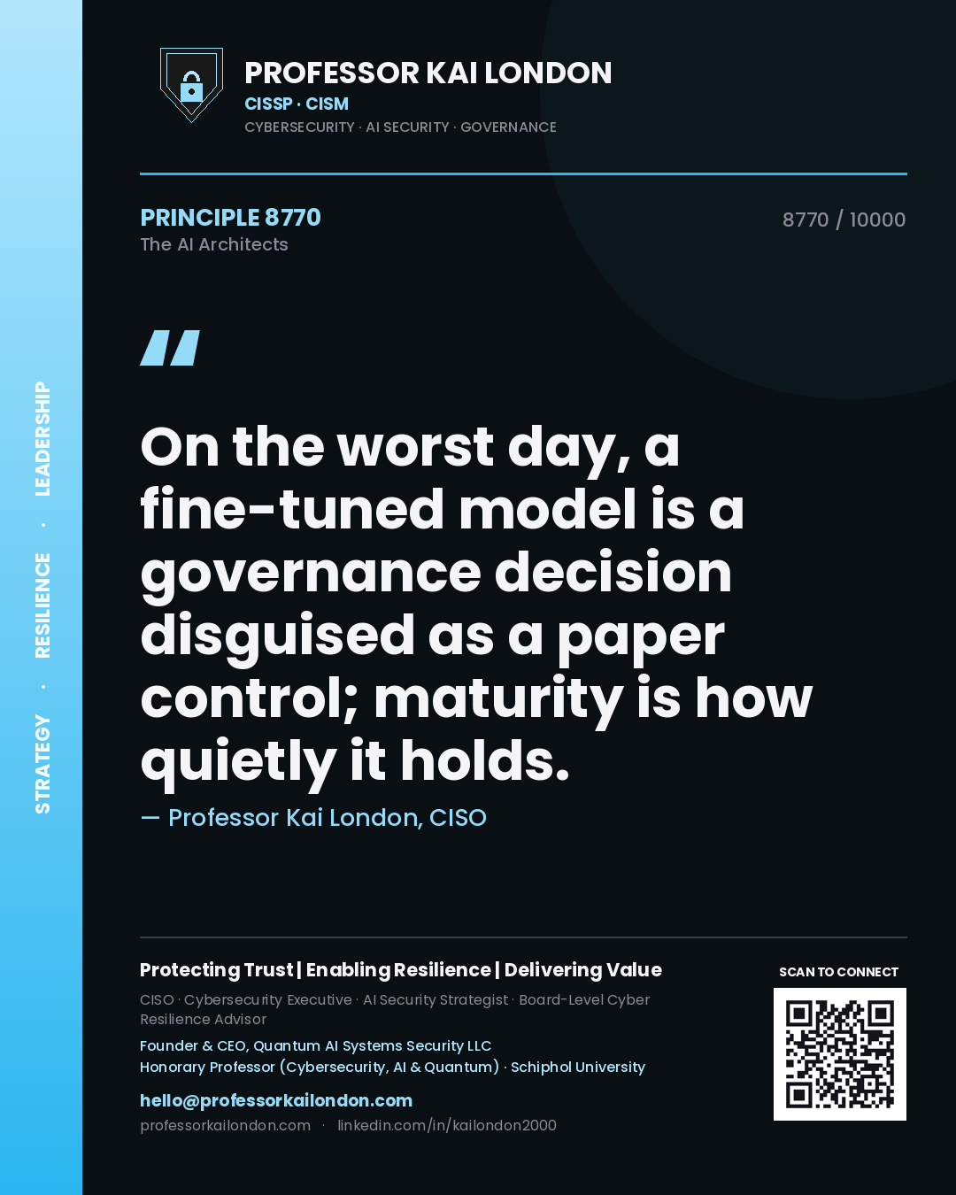 Quote card by Professor Kai London reading 'On the worst day, a fine-tuned model is a governance decision disguised as a paper control; maturity is how quietly it holds.'. From the book The AI Architects.