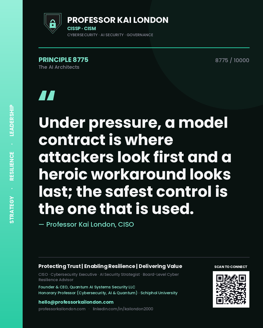 Quote card by Professor Kai London reading 'Under pressure, a model contract is where attackers look first and a heroic workaround looks last; the safest control is the one that is used.'. From the book The AI Architects.
