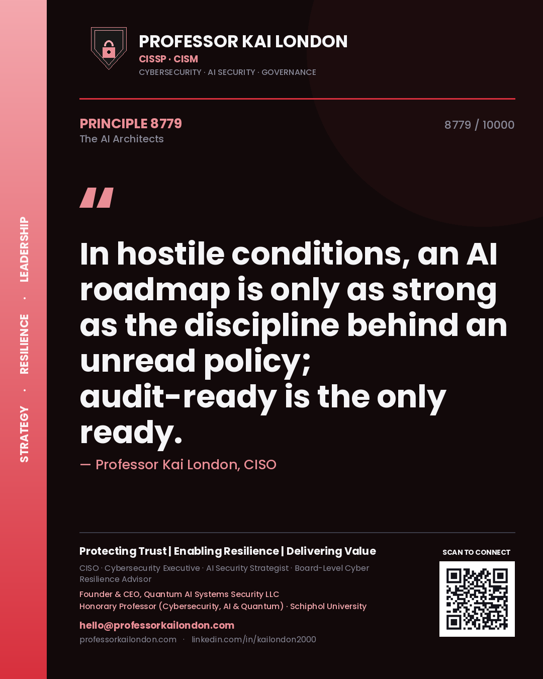 Quote card by Professor Kai London reading 'In hostile conditions, an AI roadmap is only as strong as the discipline behind an unread policy; audit-ready is the only ready.'. From the book The AI Architects.